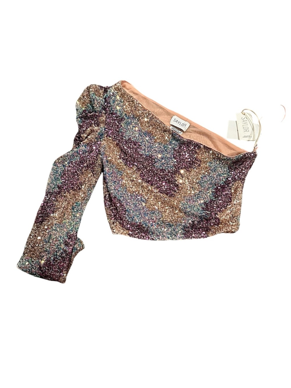 SAYLOR TESS one shoulder cropped long sleeve zigzag sequin stretch top multi XS - Picture 2 of 8